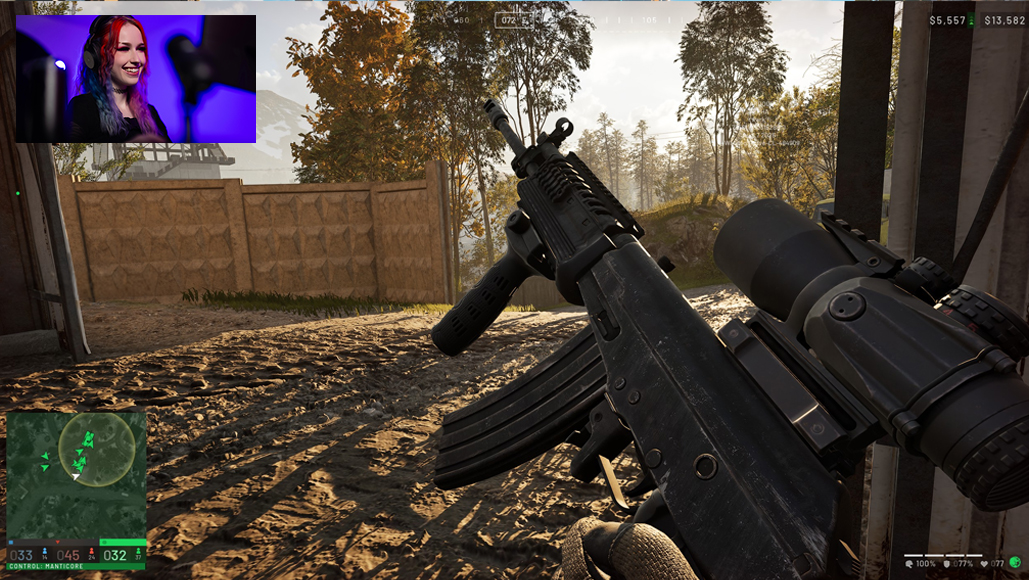 Illustrative landscape stream with gameplay, a facecam at top left and a minimap at top right
